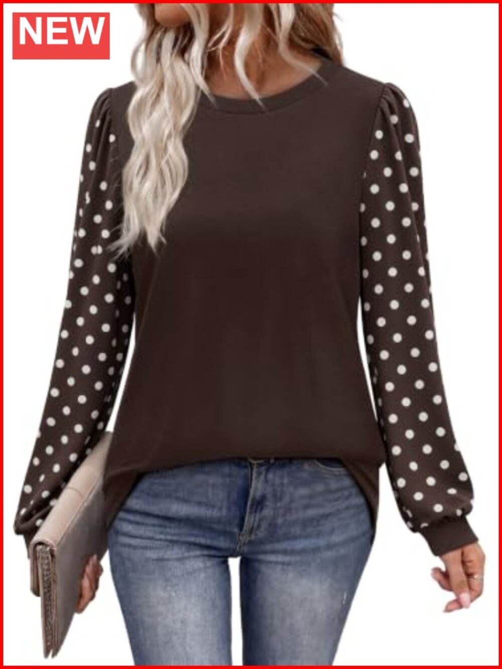 Womens Long Sleeve Tunic Top Puff Sleeve Color Block Crew Neck Fall Layering